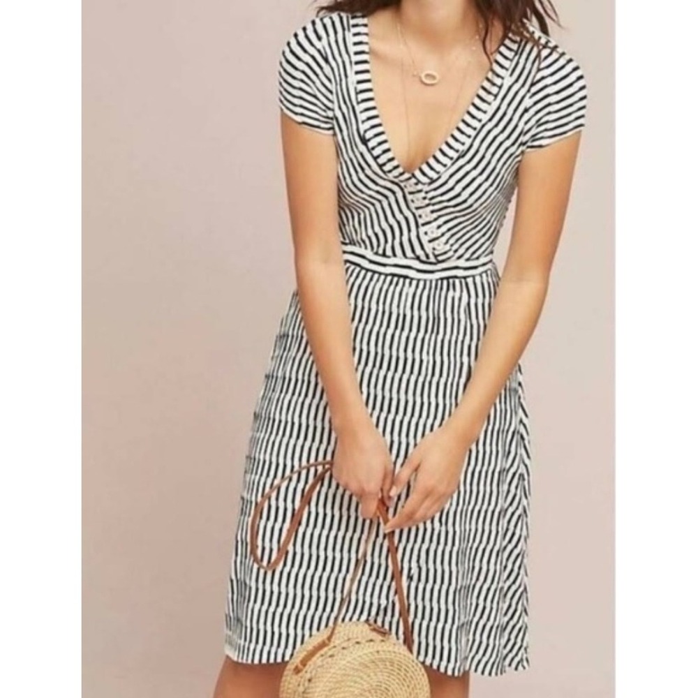 Maeve by Anthropologie Dress Womens Large Black White Striped Wrap Cotton Large